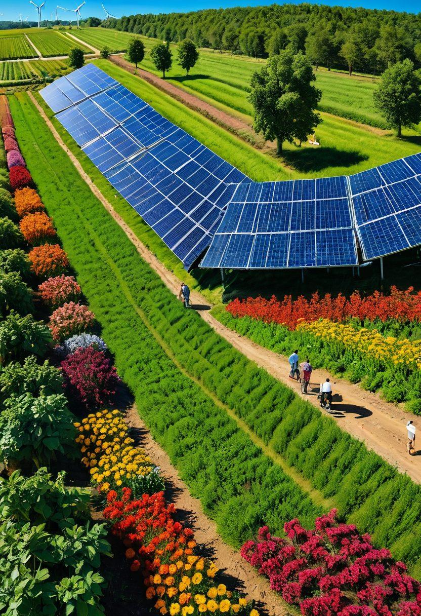 A lush, green farm landscape with rows of vibrant crops and a clear blue sky. Include a diverse group of people of different ethnicities working together, planting trees and harvesting vegetables, showcasing harmony with nature. Integrate solar panels and wind turbines in the background to symbolize renewable energy. Enrich the scene with colorful flowers and butterflies fluttering around. vibrant colors. 3D.
