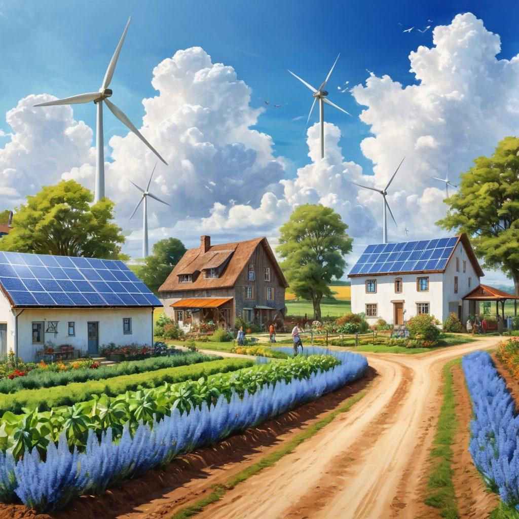 A serene countryside landscape featuring lush green fields, vibrant vegetable gardens, and a quaint farmhouse surrounded by solar panels and wind turbines. In the foreground, a diverse group of farmers engaging in sustainable practices, such as planting and harvesting with natural tools. A clear blue sky dotted with fluffy white clouds, conveying a sense of tranquility and harmony with nature. watercolor painting. vibrant colors.