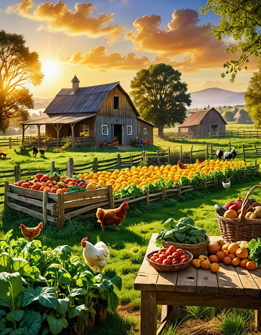 A picturesque scene depicting a rustic farm with lush green fields and a variety of fresh produce such as vegetables and fruits laid out on a wooden table. A farmer in overalls is joyfully picking organic crops, accompanied by animals like chickens and goats in the background. The sun sets, casting a warm golden glow that enhances the peaceful rural atmosphere. The scene embodies the simplicity and health benefits of a self-sufficient lifestyle. vibrant colors. painting.